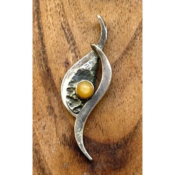 Sterling Silver Honey Amber Art Nouveau Pendant Unique Curved Design 1.5" Long - Picture 2 of 5
